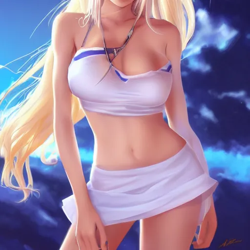 Image similar to full body shot : a very beautiful young blond rapper anime girl, sky blue eyes, bikini, white miniskirt, highly detailed, cinematic wallpaper by stanley artgerm lau