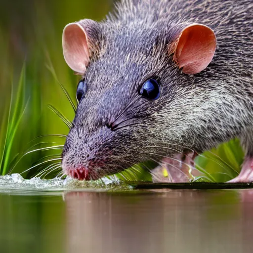 Prompt: close up photo of an australian swamp rat, drinking water from a lake in tasmania, bokeh, 4 0 0 mm lens, 4 k award winning nature photography