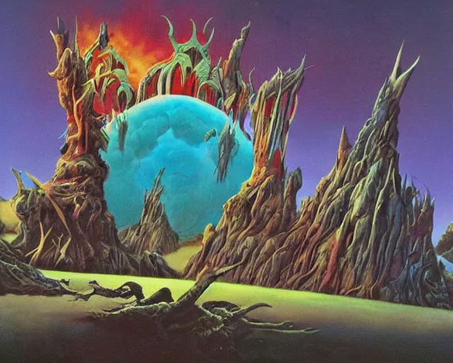 Prompt: roger dean 1 9 8 0 s heavy metal imagery satanic symbolism, illustration art, album art