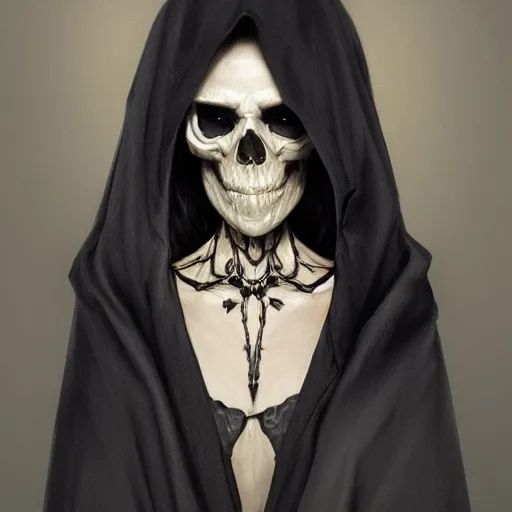 Prompt: portrait of a skeleton in black cloak, elegant, intricate, headshot, highly detailed, digital painting, artstation, concept art, sharp focus, illustration, art by artgerm and greg rutkowski and alphonse mucha