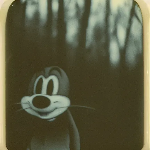 Image similar to Mikey mouse in the woods creepy scary Captured on a Polaroid 4k detail