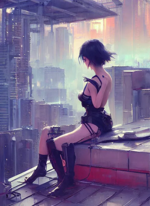 Image similar to girl sitting on a rooftop, cyberpunk, medium shot, expressive oil painting, by yoshitaka amano, by jeremy lipking, by artgerm, by wlop, digital art