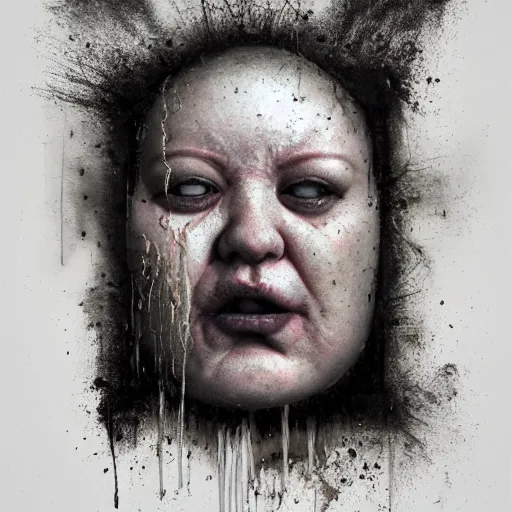 Image similar to portrait of the face of fat old sumoringer as despair from sandman, venus of willendorf, by jeremy mann, by gregory crewdson, by bastien lecouffe deharme, by russ mills, sad face, topknot, black hair, mourning, black eyes, white room, soft lightning, high detailed, 8 k