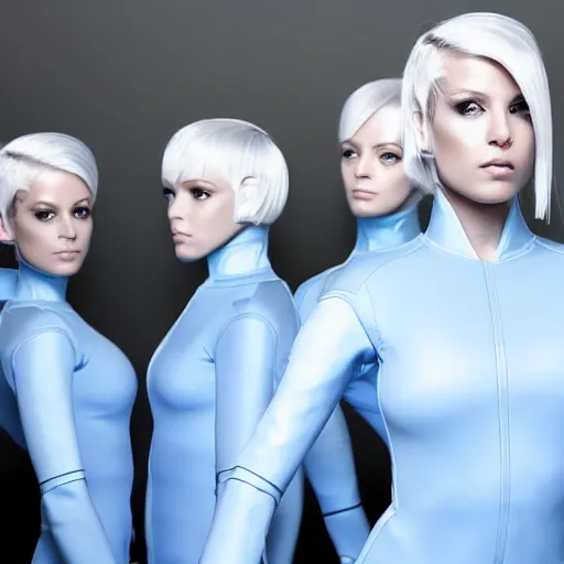 Image similar to troop ofcloned women with white bob hairdos, tight light blue neopren suits, futuristic production facility, sci - fi, highly detailed, cinematic