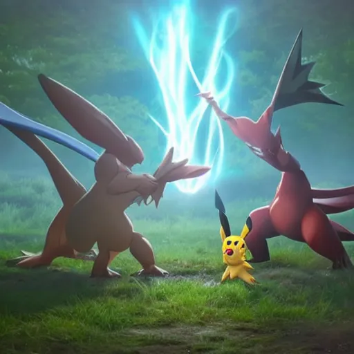 Image similar to pokemon battle by greg rutkowski cinematic cgi