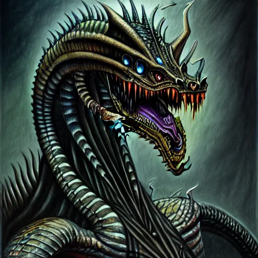 Image similar to Giger portrait of queen dragon, Dragon in dragon lair, HD, full body dragon concept, flying dragon, soft shading, soft colors, relaxed colors, hyperdetailed, wide angle lens, fantasy, futuristic horror, style of giger