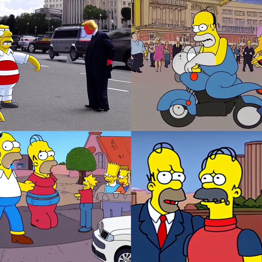 Prompt: Homer Simpson accidentally runs over Donald Trump, episode still