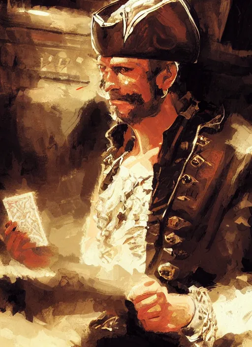 Image similar to a portrait of a pirate playing cards by Craig Mullins