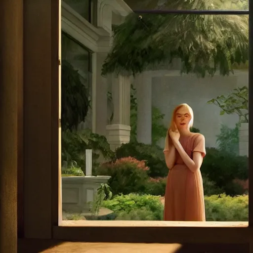 Prompt: Elle Fanning, head and shoulders masterpiece, in Halo 2, in a garden, artstation, in the style of Art Deco and Edward Hopper and Bosch, extremely detailed