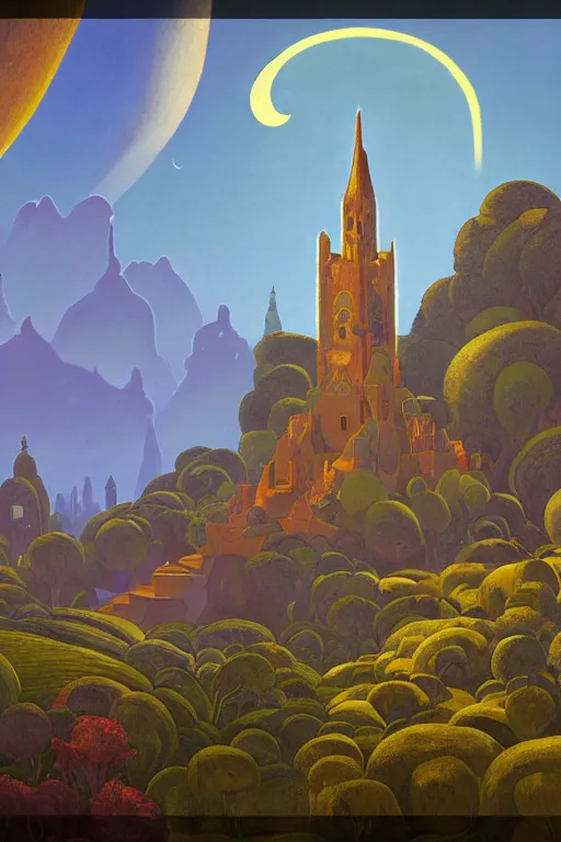 Image similar to distance view of the painted tower of the moon in its gardens fairytale illustration, tall windows, beautiful moorish tiles, dramatic cinematic lighting, rich colors, golden age illustration, by Sylvain Sarrailh and Nicholas Roerich and jean delville and Tyler Edlin and William Dyce, unreal engine
