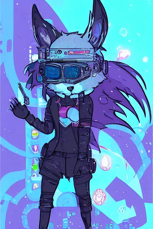 Image similar to a cute cyberpunk anthropomorphic fox with a fluffy tail, comic art, trending on furaffinity, cartoon, kawaii, backlighting, furry art!!!, cel shading, concept art, poster art