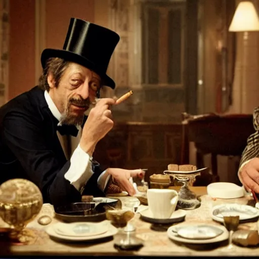 Image similar to jean rochefort and mathieu amalric, symmetric, realistic, realism, early 2 0 th century gentlemen, sitting at coffee table, smoking a cigar. top hat on the table