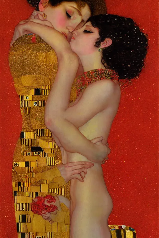 Image similar to two beautiful young goddess, red lighting, kiss, highly detailed, artstation, illustration, art by Gustav Klimt