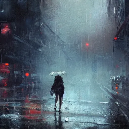 Prompt: a woman walking in the rain after a nuclear explosion, the last of us, highly detailed jeremy mann painting