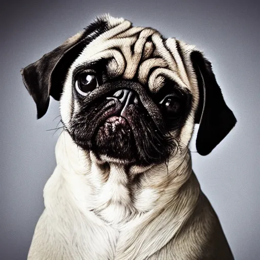 Prompt: portrait of a pug with an emo haircut with bangs, studio photo, album cover, well lit,