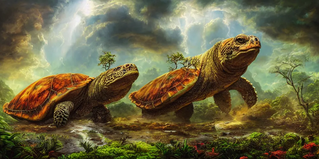 Image similar to fantasy oil painting, great leviathan, turtle cephalopod terrapin reptilian pachyderm amphibian hybrid, rainforest mountains, lush plants flowers, epic natural light, bright clouds, luminous sky, alien spacecraft, outer worlds, bright cinematic key lighting, michael cheval, michael whelan, vray, 8 k hd