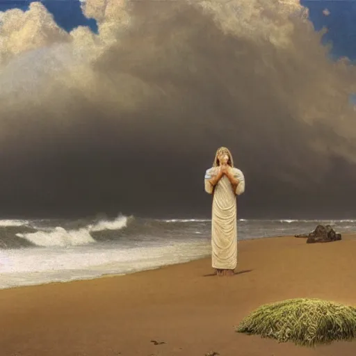 Prompt: a highly detailed portrait of a large cross standing on the beach as a storm comes in with the tide, a beautiful blonde woman sitting in the sand watching the ocean, epic fantasy, god rays, rocky beach, aerial photography, volumetric lighting, octane render, exquisite detail, 8 k, art by norman rockwell and albert bierstadt and alphonse mucha