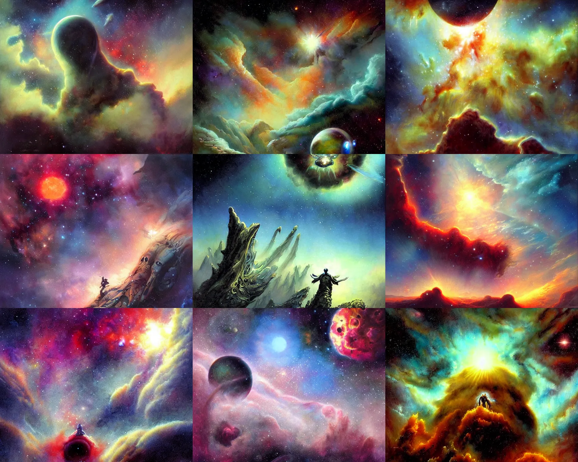 Prompt: view from bizarre alien planet looking up at stunning nebula, style of Don Maitz, style of Doug Chiang, style of Esao Andrews