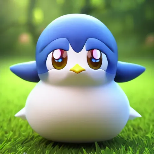 Image similar to nymph render of a very cute 3d piplup pokemon, adorable eyes, cute smile, full round face, bright sunny time, serene forest setting, medium shot, mid-shot, highly detailed, trending on Artstation, Unreal Engine 4k