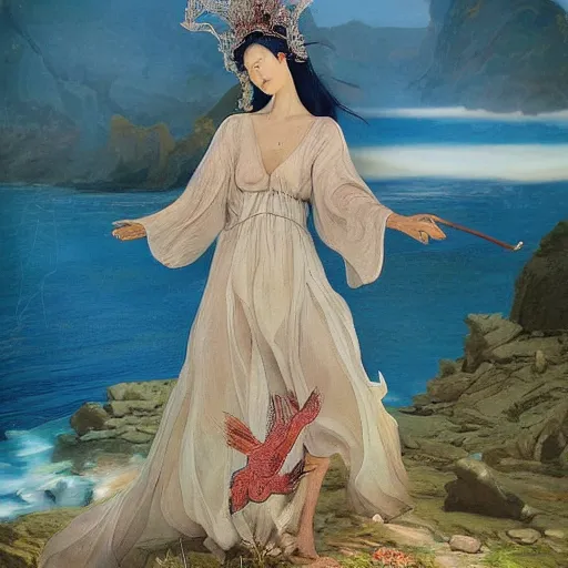 Image similar to beautiful oriental girl walks around Socotra among endemic plants and snags in a long transparent flowing dress and meets mystical animals, mystical insects, mystical birds, lizards, snakes, gorgeous, Atmosphere, hypnotic dimensions, mythology, Rococo, photorealism, in the style of Jin Kagetsu, James Jean and wlop, Valentin Serov style, hyperrealistic, sharp focus, intricate concept art, digital painting, ambient lighting, 4k, hdt, artstation trending on Gsociety, trending on ArtstationHQ, trending on deviantart, professionally post-processed, wide-angle action dynamic portraithyperdetailed, hyper quality, 16K