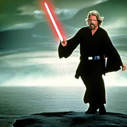 Image similar to “a Star Wars A New Hope movie shot, Jeff Bridges from The Big Lebowski as a Jedi levitating a bowling ball above a swamp on Dagobah” —W 1080