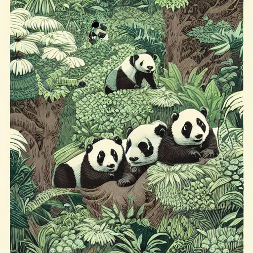 Prompt: pandas, and other wild life in a linocut print of lush fantasy forest, amazing art, highly detailed, intricate, color, masterpiece, by victo ngai, craig mullins