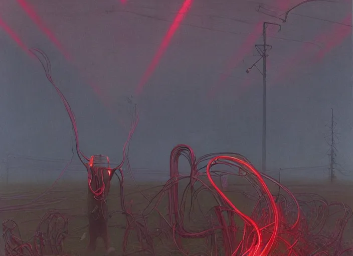 Image similar to Landscape, neon, red, glowing, wires everywhere, by Edgar Maxence and Ross Tran, Zdzisław Beksiński, and Michael Whelan, distant, gustav dore, H.R. Giger, 8k, octane render