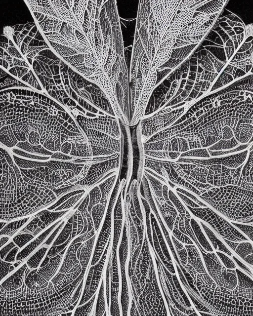 Image similar to close up of a retina, made of intricate decorative lace leaf skeleton, in the style of the dutch masters and gregory crewdson, dark and moody