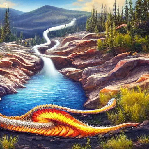 Image similar to highly detailed oil painting of a dragon resting in a colorful hotspring at yellowstone national park, featured on artstation