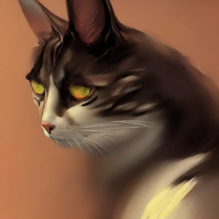 Image similar to profile face portrait of a cat shape like dog eating cakes in the cloisters, beautiful face, hyper realistic, highly detailed, digital painting, artstation, illustration, concept art by hyung tae and frank frazetta, digital paint, matte paint, washed colors, dark, gloomy