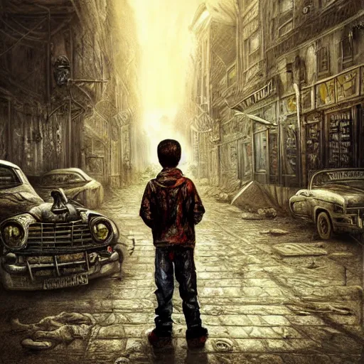 Image similar to a boy in apocalyptic zombie city, lovecraftian horror!, surrealism, fantasy, intricate, elegant, highly detailed, digital painting, realistic shading, cinematic composition, hdr, photorealistic, 3 5 mm film, concept art, artstation, matte, sharp focus, illustration, art by keith thompson and christopher lane