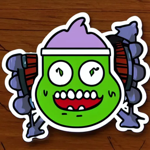 Image similar to a pickle-rick, svg sticker, vector art, wearing headphones, jamming to music