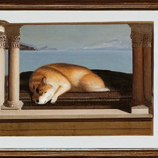 Prompt: a loggia from procida with a sleeping shiba inu by martinus rørbye, 1 8 3 5,