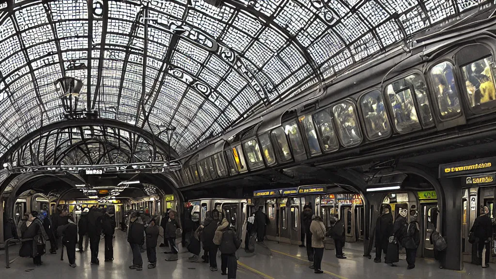 Prompt: subway station with arriving illuminated subway train with passengers!!!, more passengers waiting on the platform, black iron pillars with intricate!!! details, curved glass facet roof, centered station clock illuminated with intricate!!! details, supersymmetric but dimetric perspective!!!, with low angle, (((((steampunk))))), detailed intricate octane renderer, 8K sparsely diffuse light art by artgerm and greg rutkowski and alphonse mucha