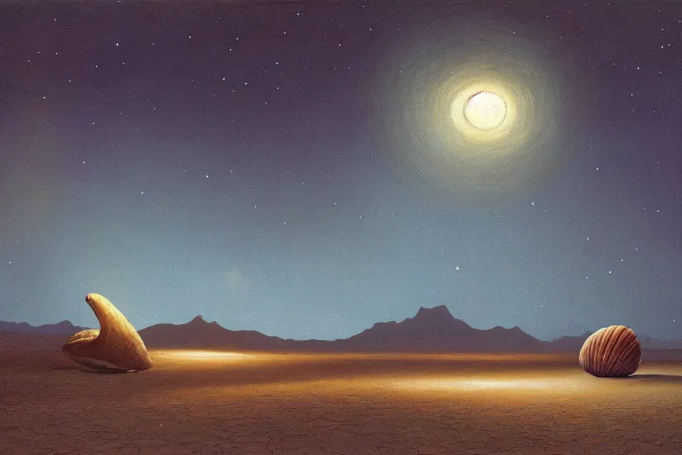 Prompt: a beautiful painting of a giant seashell in middle of the desert at night, painted by john harris and moebius