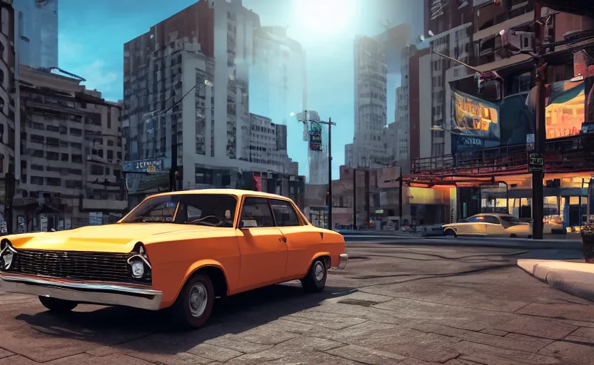 Prompt: a chevrolet opala parked near a classic ny bar at sunrise, concept art, hyperrealistic, octane render, unreal engine 5, path traced, highly detailed, high quality, 8 k, dramatic lighting, cinematic, high coherence, symmetrical, high contrast, lens flare, godrays