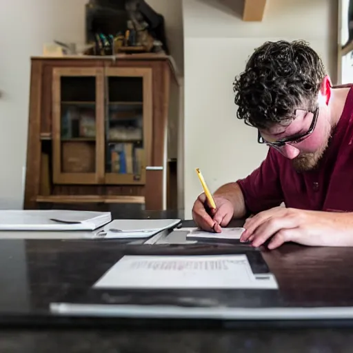 Prompt: Ethan Smith writing his next guide, (EOS 5DS R, ISO100, f/8, 1/125, 84mm, postprocessed, facial features)