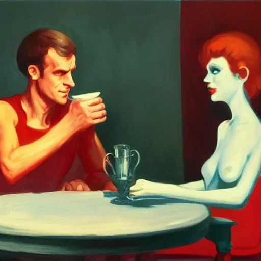 Prompt: macron drinking a tea with the lizard queen by edward hopper