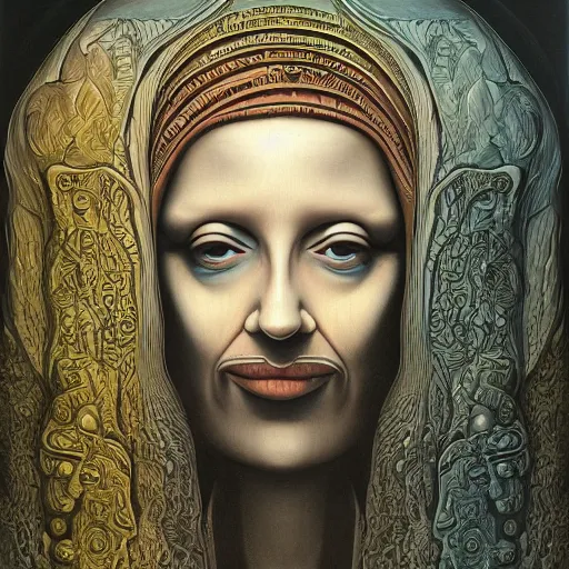 Image similar to monalisa by jacek yerka, alex gray, zdzisław beksiński, dariusz zawadzki, jeffrey smith and h.r. giger, oil on canvas, 8k highly professionally detailed, trending on artstation