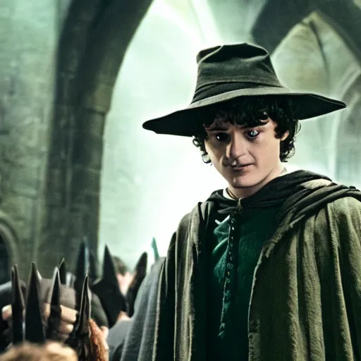 Image similar to frodo baggins wearing the sorting hat, in hogwarts, cinematic