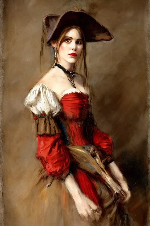 Image similar to Solomon Joseph Solomon and Richard Schmid and Jeremy Lipking victorian genre painting full length portrait painting of a young beautiful woman traditional german french fashion model pirate wench in fantasy costume, red background