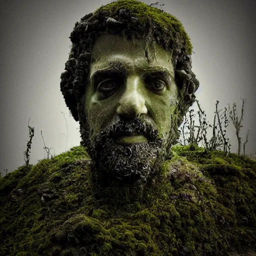 Image similar to Award-winning photograph by Mar Mann. The photo depicts a decaying roman bust of luiz inacio lula da silva overgrown with moss at the bottom of the sea in the middle of ruins of civilization. Minimalism, high definition, perfect composition. Deep sea picture. Very dark. Volumetric Lighting. Fish. Darkness. Ruins