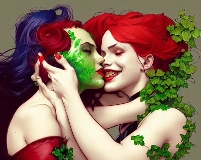 Image similar to poison ivy and harley quinn smooching, digital painting, trending on artstation, by artgerm and greg rutkowski and alphonse mucha