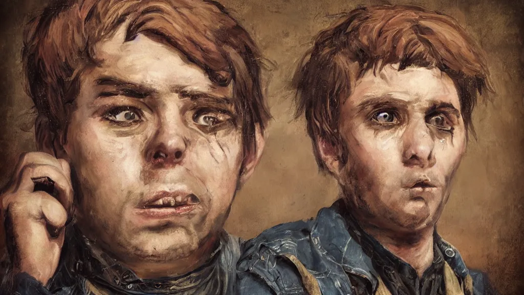 Image similar to decopunk legitimate portrait of a crying young dude 3 2 years old, with violence