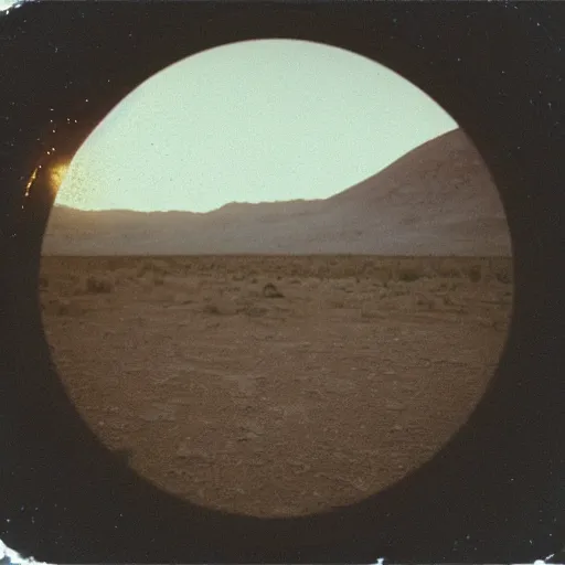 Image similar to a big metal disk over a the desert at night, distant!!, historical photo, old polaroid, expired film,