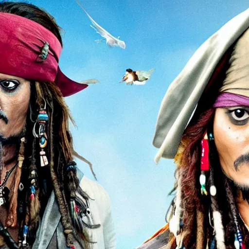 Image similar to johnny depp as jack sparrow with a parrot on the shoulder, realistic portrait, 8k resolution, hyper detailed, studio lighting, cinematic