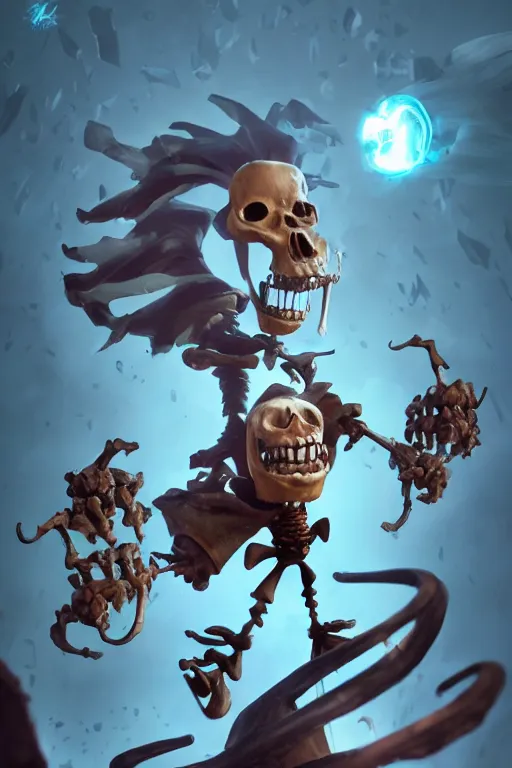 Image similar to a boss, happy skeleton skull boss, in the style of Rayman origins, michael ancel, Ruan Jia and Mandy Jurgens and Greg Rutkowski, trending on Artstation, award winning, unreal engine, octane render W 1024