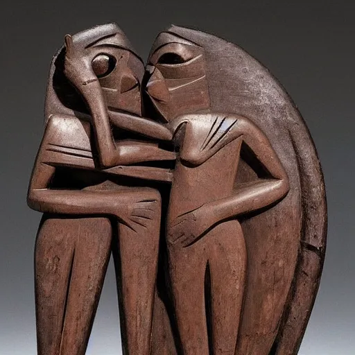 Prompt: by max beckmann atmospheric chocolate, traditional haida art. a beautiful sculpture. you cannot see the future. you cannot change the past. all of life consists of running into darkness.