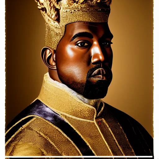 Image similar to Portrait of Kanye West as emperor napoleon, splash art, cinematic lighting, dramatic, octane render, long lens, shallow depth of field, bokeh, anamorphic lens flare, 8k, hyper detailed, 35mm film grain