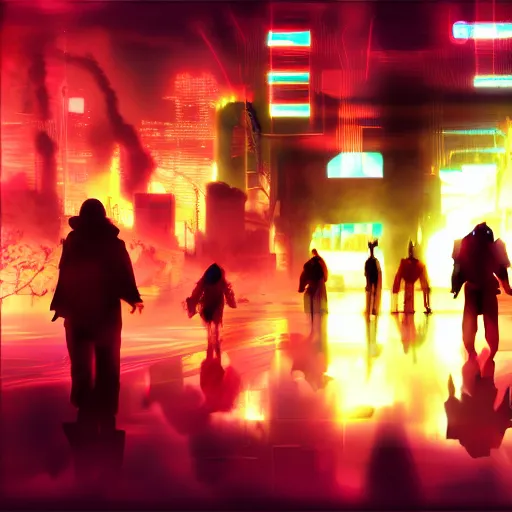 Prompt: anime al qaeda, 3 5 mm film still, wired landscape, cyberpunk, volumetric lighting, photo realistic, digital art, anime background, red colour palette, very detailed faces